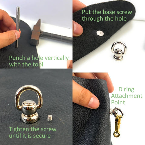 Installation process of 8 Pcs Ball Studs Rivets Set Light Gold 360 Rotatable D Rings for crossbody purses and bags.