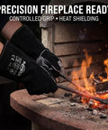 Heat Resistant Fireplace Gloves 14 Inch Fireproof Leather For Fireplace Fire Pit Wood Stove Campfire BBQ Grill Welding Oven Use Tough All Around Grip Ready Heat Shield Gear For Men Gift in use at a fire pit.