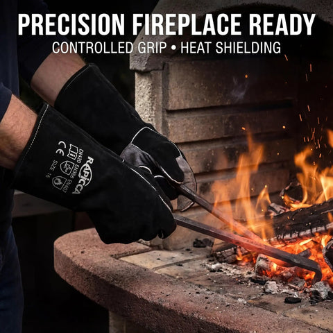 Heat Resistant Fireplace Gloves 14 Inch Fireproof Leather For Fireplace Fire Pit Wood Stove Campfire BBQ Grill Welding Oven Use Tough All Around Grip Ready Heat Shield Gear For Men Gift in use at a fire pit.