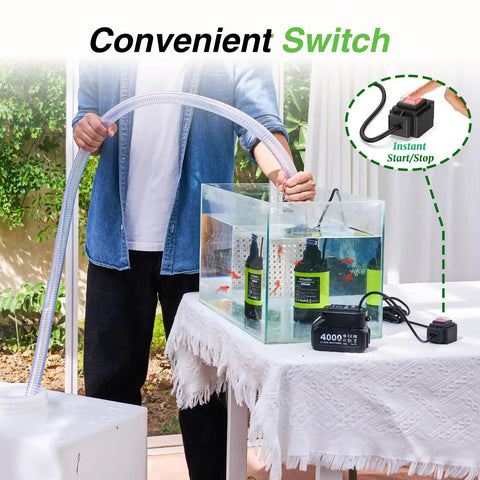 Person demonstrating Cordless Submersible Water Pump With Brushless Motor Handy Battery Powered Sump Pump Kit Includes 2x4000mAh Batteries And Hose