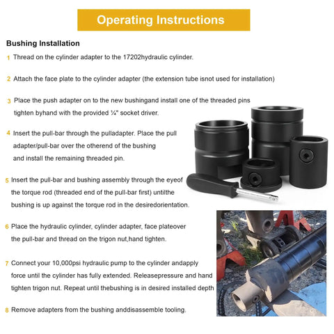 Pin And Bushing Adapter Tool Service Kit for Removing Pins and Bushings shown with components and instructions, OE Part 15012