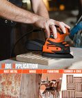 User operating the Straight Shooting Electric Detail Sander With Heavy Duty Dust Extraction And Ergonomic Palm Grip on wood.