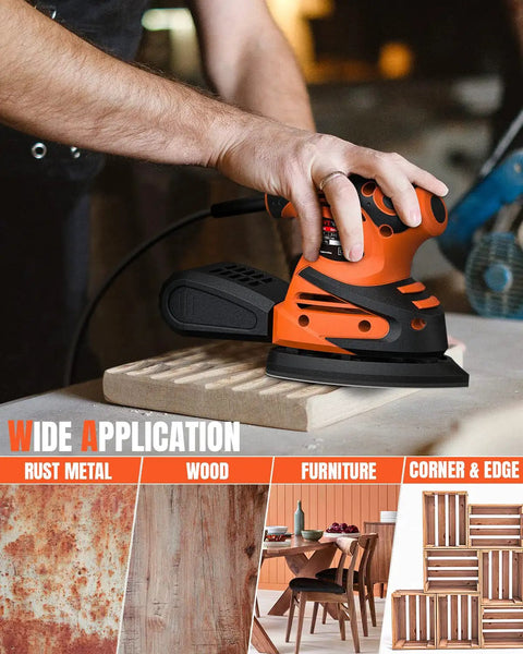 User operating the Straight Shooting Electric Detail Sander With Heavy Duty Dust Extraction And Ergonomic Palm Grip on wood.