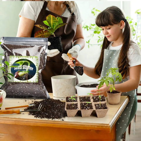 Two people using Organic Seed Starter Mix For Fast Germination And Strong Root Systems, Premium Potting Soil 1 Quart while planting.