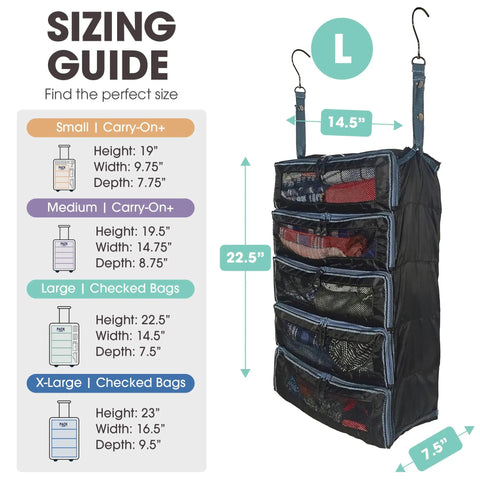Large Hanging Luggage Organizer For Travel Fits Any Suitcase With See Through Mesh Windows Packing Cubes For Quick Access To Clothes Grab And Go Travel Closet Organizer Black shown with size guide