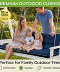 Family sitting on 60 By 40 Inch Outdoor Swing Cushions With Backrest And Tie Straps For 2 To 3 Seater Patio Benches Blue Crushed Sponge Filled