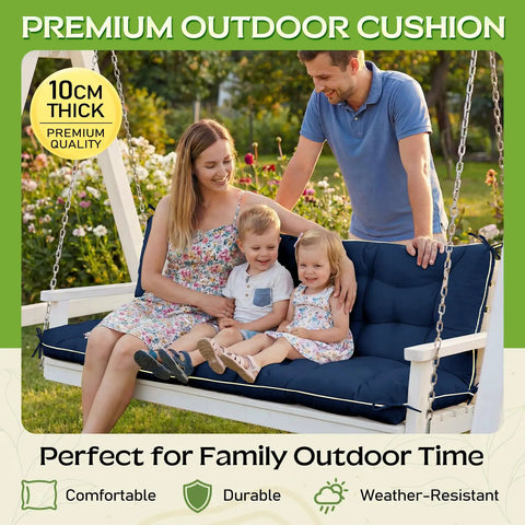 Family sitting on 60 By 40 Inch Outdoor Swing Cushions With Backrest And Tie Straps For 2 To 3 Seater Patio Benches Blue Crushed Sponge Filled