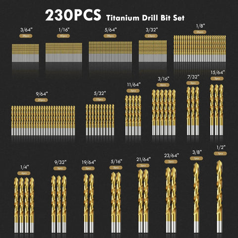 230 piece titanium twist drill bit set for sheet metal, wood, and plastic with quick change shank, various sizes displayed.