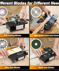 Heavy Duty Mini Table Saw For No Sweat Wood And Acrylic Cuts In Tight Spaces, showcasing various blades for PCB, alloy, and resin cutting.