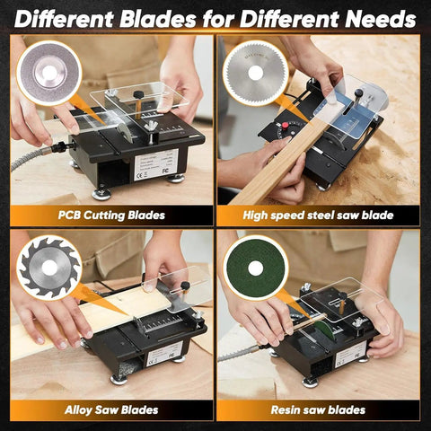 Heavy Duty Mini Table Saw For No Sweat Wood And Acrylic Cuts In Tight Spaces, showcasing various blades for PCB, alloy, and resin cutting.