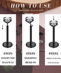 Instructional image showing how to use the Black Threadless Nose Stud Set 18G And 20G Hypoallergenic Nostrial Tragus Lip Medusa Cartilage Helix Conch Piercing Jewelry.