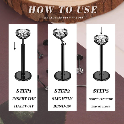 Instructional image showing how to use the Black Threadless Nose Stud Set 18G And 20G Hypoallergenic Nostrial Tragus Lip Medusa Cartilage Helix Conch Piercing Jewelry.