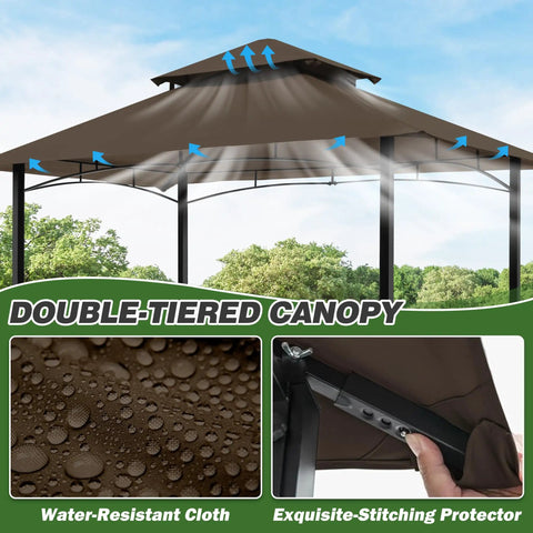 8x5 Ft Outdoor Grill Gazebo With Double Roof Canopy And LED Lights highlighted features, brown canopy with water-resistant cloth