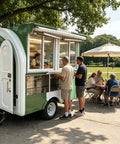 10 Foot Green Food Cart Trailer With Pullout Awning, Turnkey Grub Getter For Urban Hustlers, Dot Certified Mobile Kitchen setup with customers.