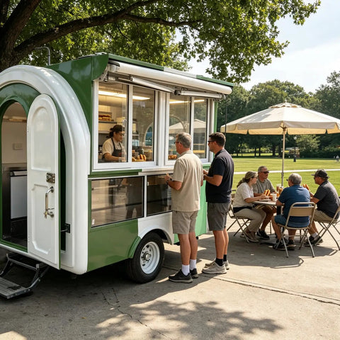 10 Foot Green Food Cart Trailer With Pullout Awning, Turnkey Grub Getter For Urban Hustlers, Dot Certified Mobile Kitchen setup with customers.