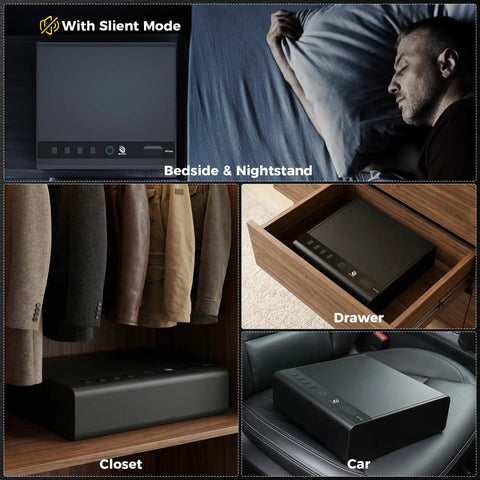 Biometric Gun Safe For Handgun With Quick Grab And Go Access In Under One Tenth Of A Second in bedroom, drawer, closet, car.