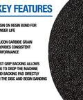 Close-up of Silicon Carbide Floor Sanding Discs with PSA Backing, Grit 20, highlighting key features like resin bond and fast grip backing.