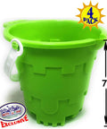 4 Pack 7 Inch Castle Sand Buckets With Easy Pour Spout And Handle In Blue, Pink, Green And Yellow, Plastic Beach Sandcastle Molds For Kids