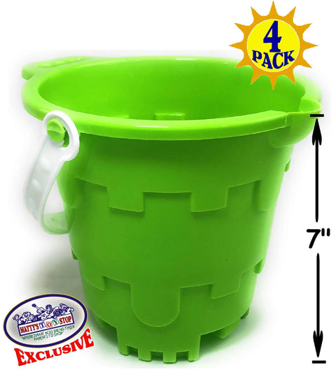 4 Pack 7 Inch Castle Sand Buckets With Easy Pour Spout And Handle In Blue, Pink, Green And Yellow, Plastic Beach Sandcastle Molds For Kids