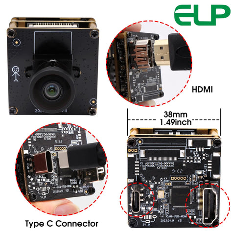 4K USB HDMI Camera Module With 120 Degree Wide Angle Lens 4K 30fps PC Webcam showing Type C connector and HDMI port