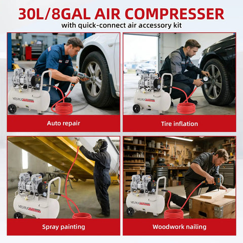 8 Gallon Oil Free Air Compressor Ultra Quiet 68dB Noise Level 1.75 HP Motor 110V 1300W High Pressure Output Perfect For Spray Painting Auto Repair And Garage Woodworking Tasks