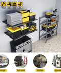 Two Pack 2x3ft Adjustable Metal Garage Wall Shelves Heavy Duty Wall Mounted Storage Racks Black Perforated Steel Panels With Sliding Rail Design installed in garage with tools and storage boxes displayed