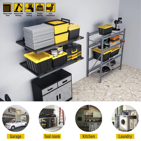 Two Pack 2x3ft Adjustable Metal Garage Wall Shelves Heavy Duty Wall Mounted Storage Racks Black Perforated Steel Panels With Sliding Rail Design installed in garage with tools and storage boxes displayed