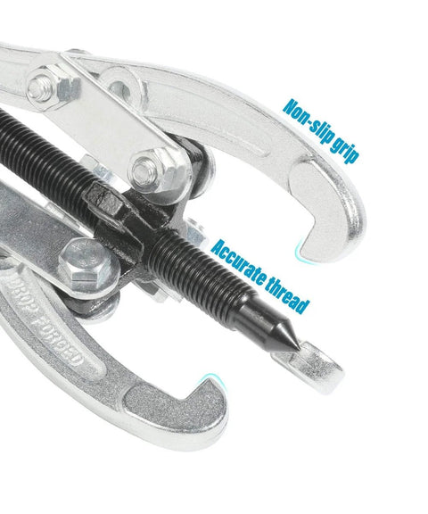 Close-up of Beefy Heavy Duty Gear Puller Set with 3 jaw pullers and non-slip grips, showcasing durable carbon steel construction.