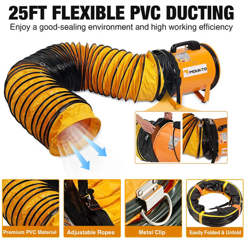Heavy Duty Cylinder Fan With 25 Foot Vinyl Hose 8 Inch Portable Blower For Crawl Spaces Attics And Basements 1100 CFM Direct Airflow