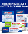 All Day Hold Denture Adhesive Cream For Uppers, Lowers, And Partials With Waterproof Seal, Zinc Free Formula And Food Grade Ingredients, 1.4 Oz tube displayed with related dental products