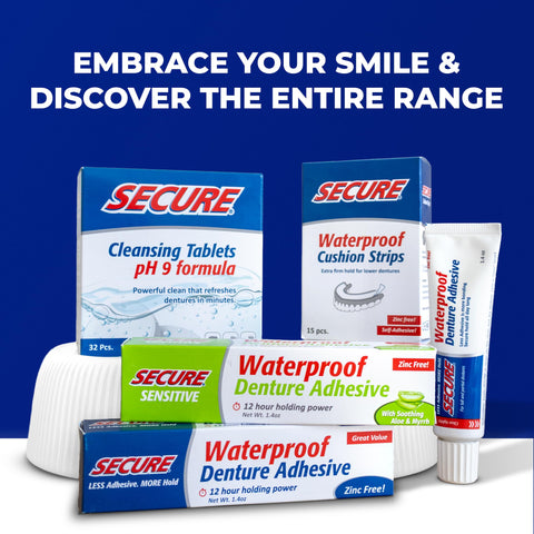 All Day Hold Denture Adhesive Cream For Uppers, Lowers, And Partials With Waterproof Seal, Zinc Free Formula And Food Grade Ingredients, 1.4 Oz tube displayed with related dental products