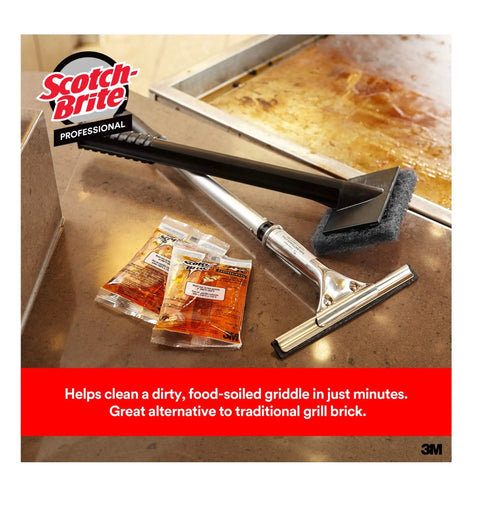 Scotch-Brit Quick Clean Griddle Cleaning System Starter Kit With Squeegee Scraper Scouring Pads And Heat Activated Cleaner For Hot Surfaces next to griddle