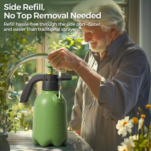 Hand Pump Sprayer 2L Garden Sprayer For Plants And Lawn Care side refill being used by a person in a garden setting