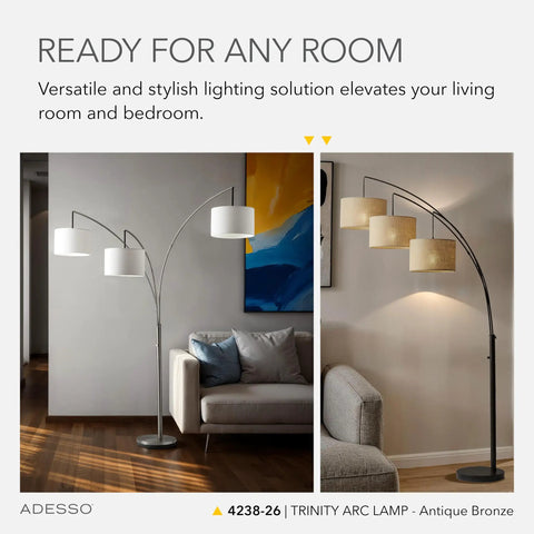 Arc Floor Lamp With Three Movable Beige Burlap Shades And Dimmable Brightness, Antique Bronze Finish next to a sofa in living room.