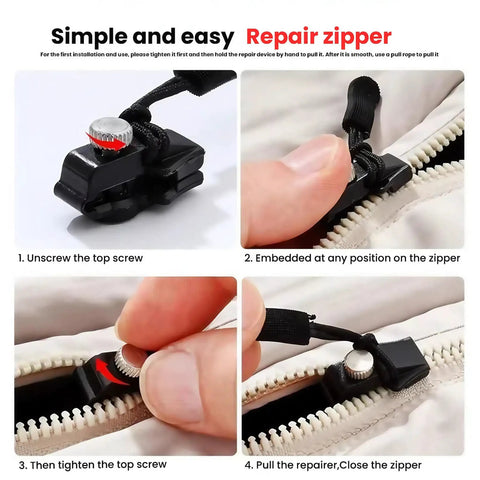 Zipper Repair Kit With 3 Different Sizes Replacement Zipper Heads And Quick Install Detachable Pulls No Sewing Needed Universal Fit For Jackets Luggage Bags Backpacks And More installation steps