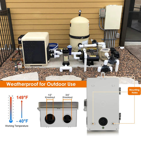 Beast Dual WiFi Pool Timer With Independent 120/277V Switches installed with pool equipment, weatherproof design.
