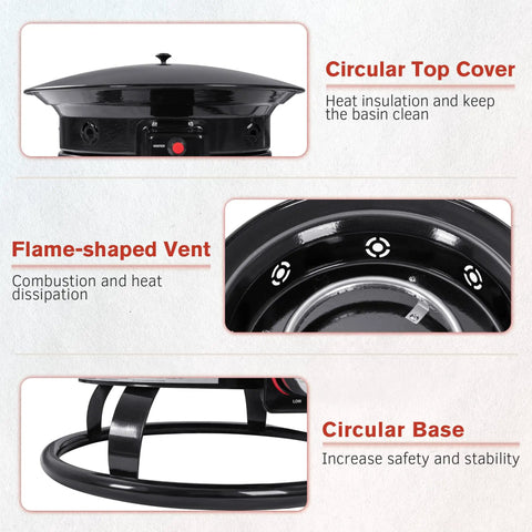 Details of the Smokeless Propane Fire Pit 53000 BTU Portable Outdoor Heater, showing circular top cover, vent, and base.