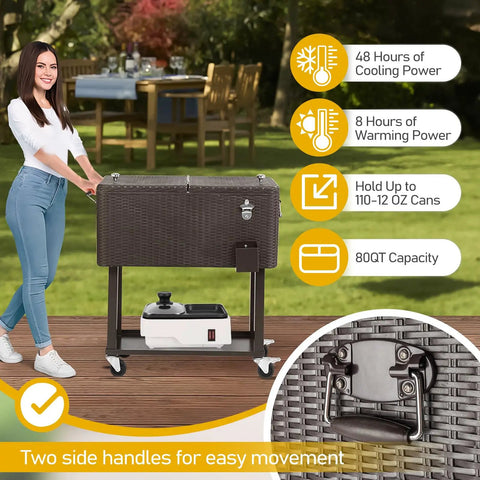 80 Quart Rolling Ice Chest Portable Bar Cooler With Catch Basin in durable rattan finish displayed outdoors