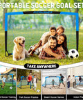 Family playing with Backyard Kids Soccer Goals Set Two Pack Portable Pop Up Nets with Ball, Cones, and Pump in a park.