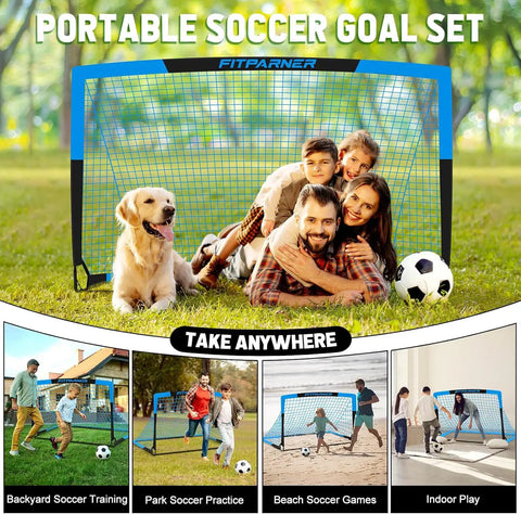 Family playing with Backyard Kids Soccer Goals Set Two Pack Portable Pop Up Nets with Ball, Cones, and Pump in a park.