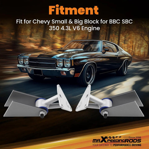 Universal Engine Motor Mount Kit For Chevy Small Big Block Sbc Bbc 350 V6 showing steel mounts with an old Chevy car in the background.