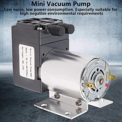 No Sweat DC 12V Mini Vacuum Pump Delivers Rock Solid 5L Min Negative Pressure Suction Oil Free Electric Air Compressor setup shown at an angle.