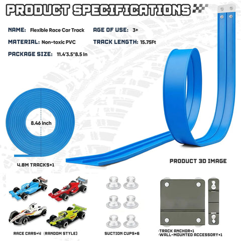 Product specifications for Roll Up Flexible Race Track For Kids 15.75 Feet Portable Play Ramp Compatible With One Sixty Fourth Scale Diecast Cars Blue
