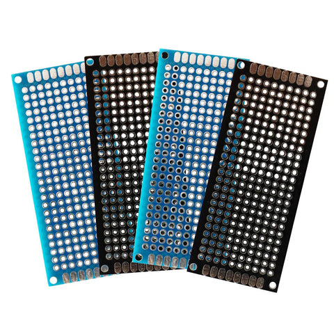 Four 3x7 cm double-sided PCB boards showing black and blue colors in the Double Sided PCB Board Prototype Kit 24 Pieces.
