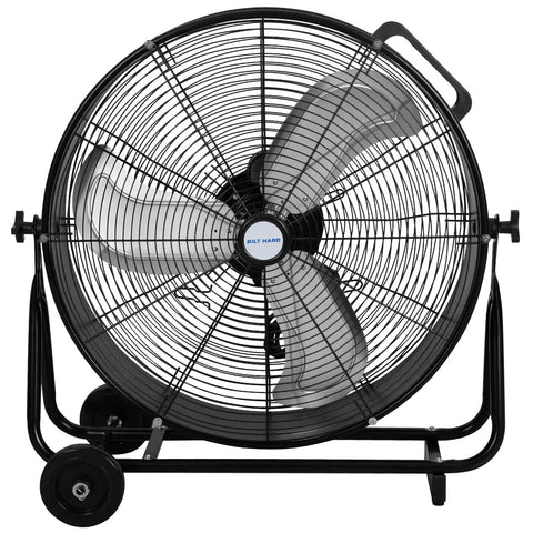 Industrial Drum Fan 8100 CFM High Velocity, Heavy Duty Tilt-Head Metal Shop Fan with wheels for garage cooling, black metal frame