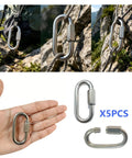 Beefy 5 Pack M6 Quick Link Set - 316 Stainless Steel Screw-Lock Oval Chain Connectors, Heavy Duty Marine Grade Saltwater Ready For 1 Eighth Wire Rope, Cable Railing, Boat Rigging, Outdoor Hanging Hardware, shown with rope on rock and in hand