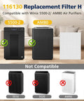Replacement Filter H 116130 for 5500-2 and AM80 air purifiers shown alongside compatible and incompatible models.