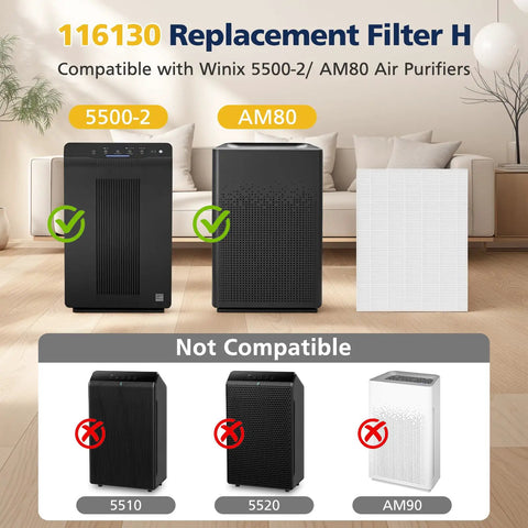 HEPA Replacement Filter H 116130 for AM80 Air Purifier with compatible and non-compatible air purifier models displayed.
