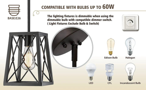 Farmhouse Pendant Light With Metal Wire Cage In Matte Black Vintage Geometric Hanging Lantern Style 1 Light Fixture For Kitchen Island Dining Room Restaurant Industrial Modern Pendant Lighting, shown with bulb compatibility guide