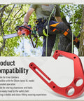 Red Aluminum Tree Climber Hook With One-Hand Operation, Compatible With Shem-biner XL Models, shown securing chainsaw